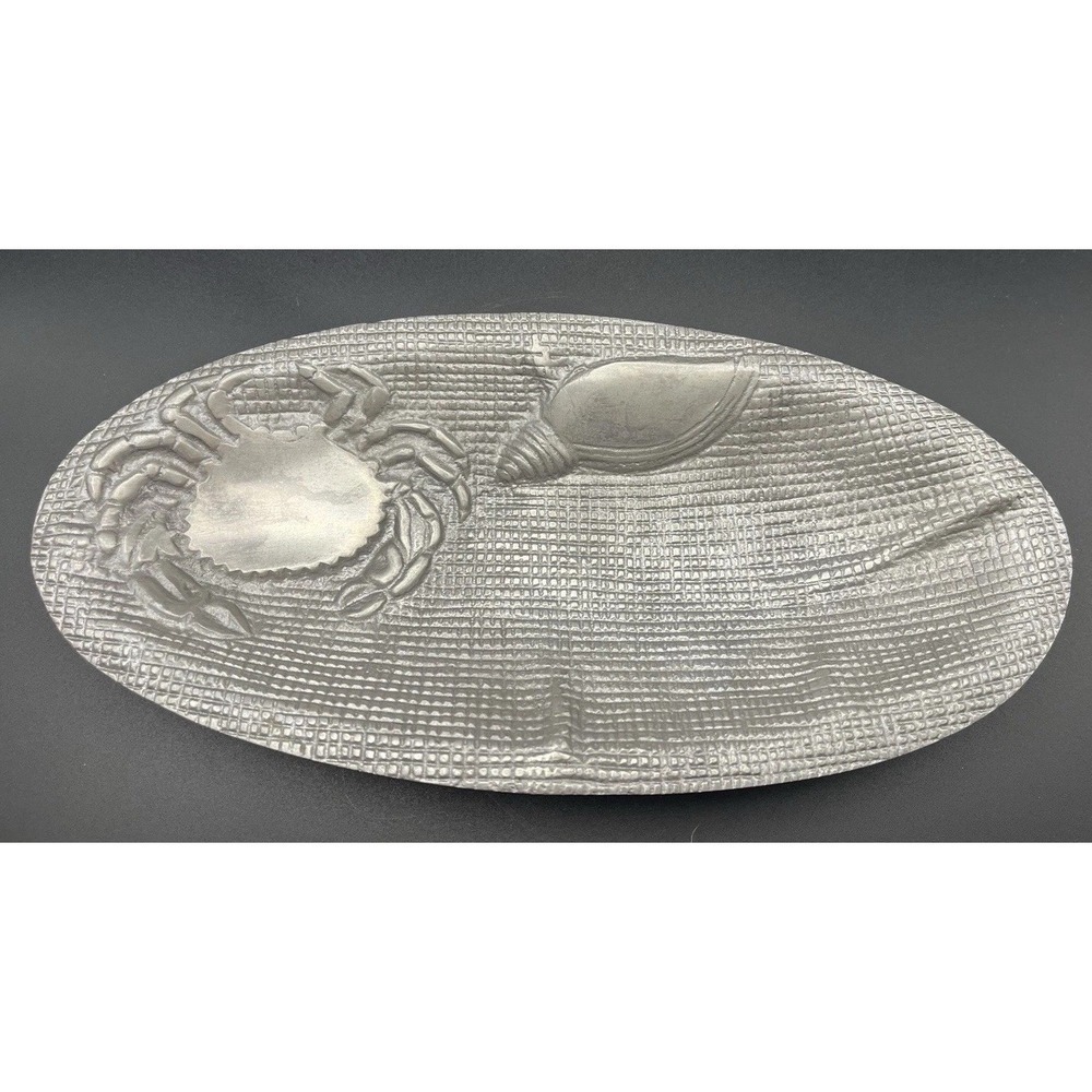 Silver Cast Aluminum Oval Crab and Shell Coastal Tray Set of 2